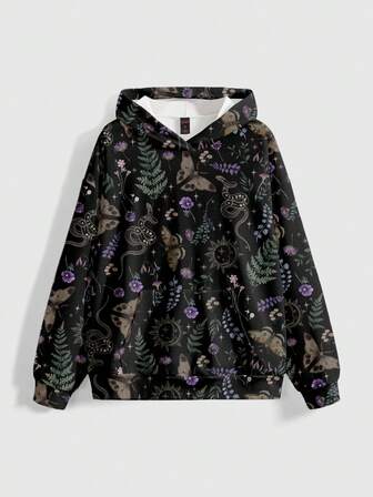 Goth Sudadera con capucha para mujer de talla grande con gráficos de flores, mariposas, gótico, sol misterioso, luna, estrella y setas