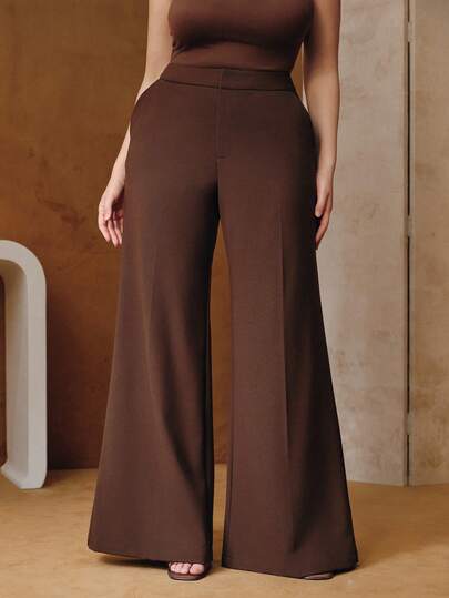 Anewsta Fashionable Retro Elastic Plus Size Women's Flare Pants, Suitable For Fall, Winter, New Year, Elegant, Chic, Stylish, Christmas, Going Out, Winter Clothes For Women