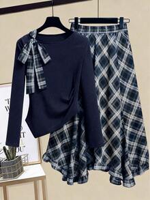 Franclia 大码女士针织长袖上衣和格子裙套装，学院风穿搭，适合年轻女士通勤或约会，显瘦两件套。女士格子裙，格子两件套，女士格子裙套装，两件套女士套装，裙子 - 藏蓝色 - 查看 1