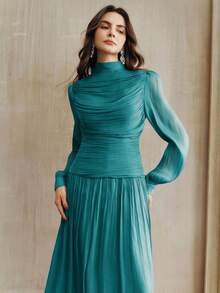 Anewsta Nuevo vestido elegante con cuello fruncido y manga larga para mujeres, adecuado para otoño, invierno, primavera, Año Nuevo, fiesta, boda, elegante, chic, con estilo, Navidad, salir - Turquesa - Ver 3