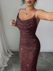 Elenzga 女士亮片吊带露背褶皱领口中长连衣裙，优雅法式复古简约百搭风格，适合冬季、万圣节、圣诞节、感恩节、下午茶会、半正式场合、性感派对、秋冬季穿着。 - 紫紅色 - 查看 4