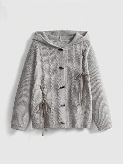 Cardigan tricoté à capuche avec oreilles de lapin, coupe ample, boutons en forme de corne, design avec lien sur le côté, pour femmes, pour l'automne/l'hiver