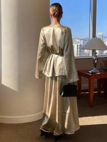 DAZY Women's Elegant Commuter Solid Color Shirt And Skirt 2 Pieces Set - Gold - View 6