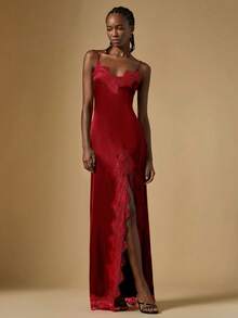 Briarwyn 女士露肩吊带黑色蕾丝拼接高开衩连衣裙 - 紅色 - 查看 4