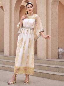 Al Najma Đầm Ả Rập thanh lịch dành cho nữ, tay loe, cổ tròn, chất liệu lưới thêu hoa. - trắng - Xem 3