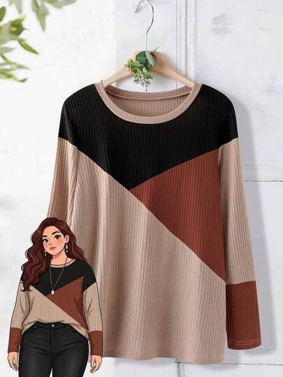 EMERY ROSE Plus Size Women's Colorblock Simple Round Neck Long Sleeve T-Shirt Brown Tops For Women Casual For Women Pullover For Women Long Sleeve Top Casual Blouses For Women