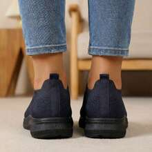 Mujer Zapatillas Deportivas Slip On De Tejido De Punto Transpirable Tipo Calcetín Suela Gruesa Azul Marino - Azul Marino - Ver 2