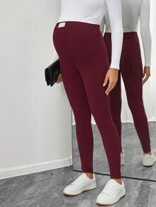 SHEIN 可调节高腰字母印花孕妇打底裤，休闲通勤装 - 酒紅色 - 查看 6