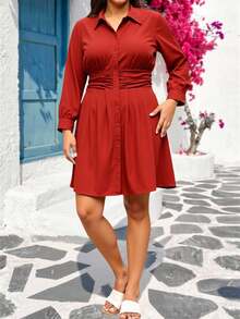SHEIN LUNE Long Sleeve Dress Plus Size A-Line Midi Dress With Waist Pleating And Ruching, Slimming Effect Plus Size Fall Clothes Dresses For Women - Rust Brown - View 6