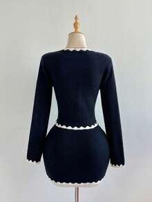 Elamini Ensemble cardigan tricoté et jupe vintage blocs de couleurs élégant et décontracté pour femmes, convient pour le travail et le port quotidien, automne/hiver - Multicolore - Voir 2