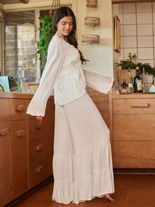 Bohemian Casual Loose Ruched Pleated French Elegant Long Sleeve Pants Pajama Set For Women, Autumn - White - View 5