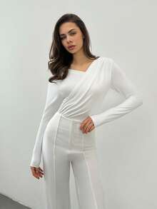 SHEIN Tall 女士优雅简约时尚不对称荷叶边领长袖露脐白色连体衣，适合日常通勤、秋季、夏季以及新年圣诞节等节日穿着，优雅女士衬衫休闲连体衣 - 白色 - 查看 6