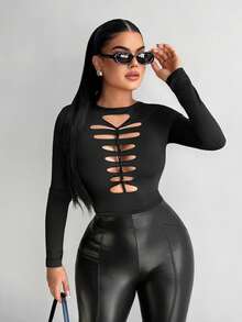 SHEIN SXY Áo thun dài tay nữ màu trơn cổ tròn thiết kế khoét rỗng, thời trang, đa năng, thích hợp cho các bữa tiệc - màu đen - Xem 3