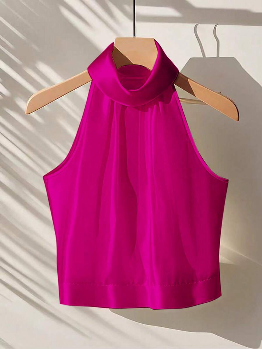 GlowEve Women's Solid Color Halter Neck Fashionable Versatile Party & Vacation Sleeveless Blouse - Hot Pink - View 1