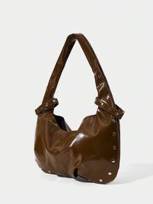 女士纯色简约大容量单肩包，休闲日常使用 - 咖啡 - 查看 3