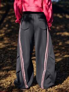 WanderVale Women's Striped Drawstring Waist Pleated Casual Wide Leg Pants,Fall/Winter Streetwear Oversized Contrast Color Cargo Pants,Loose Flowy Outdoor Wear - Dark Grey - View 2