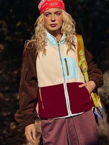 Medorelle Áo khoác nỉ nữ tay raglan phối màu, khóa kéo phía trước, kiểu dáng thường ngày, thích hợp mặc ngoài vào mùa thu, chất liệu nỉ màu nâu, thích hợp cho đi bộ đường dài và cắm trại. - Nhiều màu - Xem 1