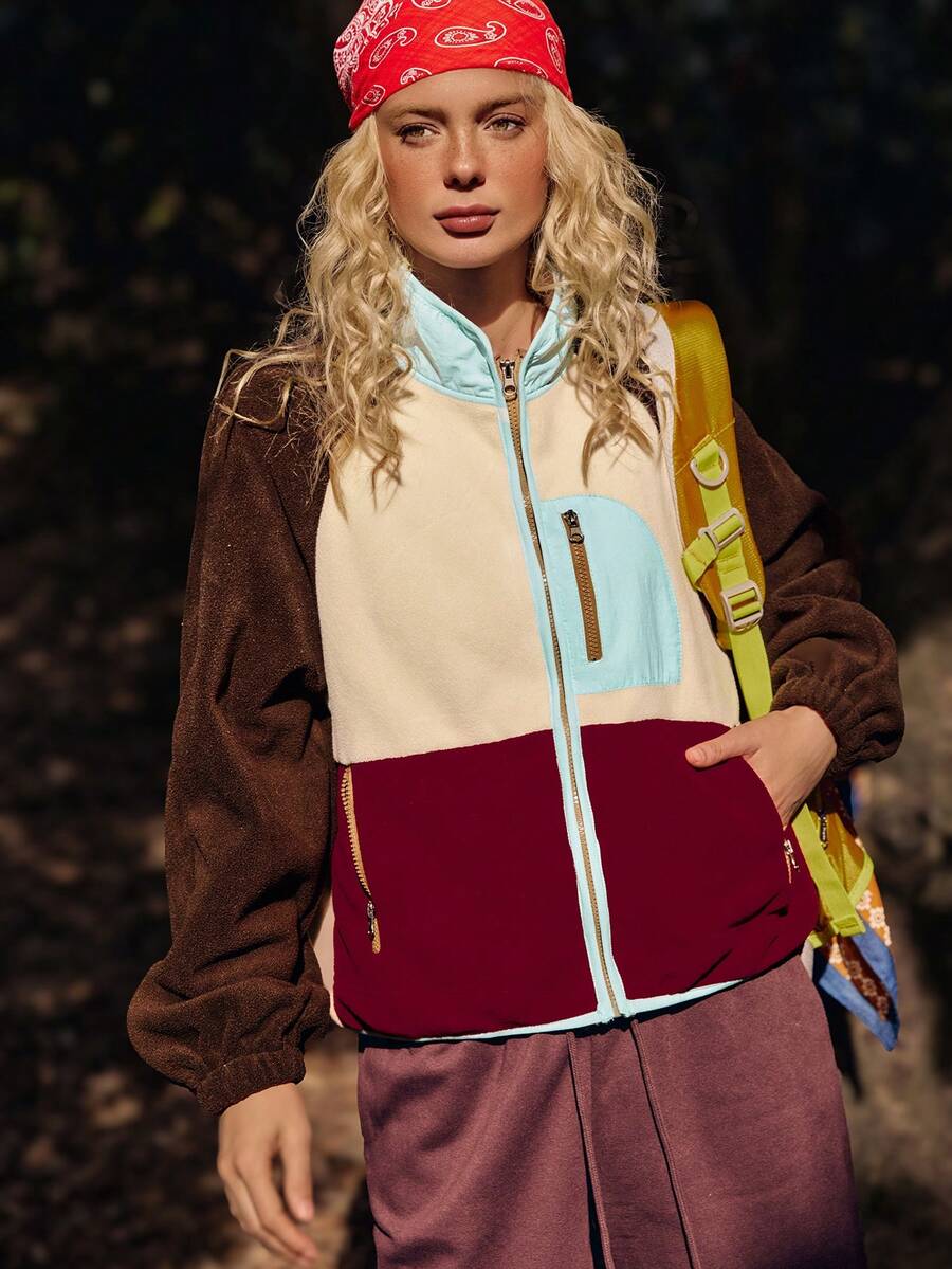 Medorelle Áo khoác nỉ nữ tay raglan phối màu, khóa kéo phía trước, kiểu dáng thường ngày, thích hợp mặc ngoài vào mùa thu, chất liệu nỉ màu nâu, thích hợp cho đi bộ đường dài và cắm trại. - Nhiều màu - Xem 1