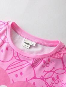 Mr Men Little Miss X SHEIN Tween Girls' Casual Everyday Commute Fashion Street Cute Cartoon Letter & Heart Print Short Sleeve T-Shirt, Summer - Pink - View 3