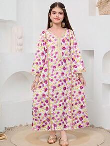 SHEIN 少女优雅碎花编织连衣裙 - 淡紫色 - 查看 3