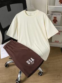 SHEIN Vacaura 2件套青少年男童休闲户外字母印花短袖T恤和运动短裤，夏季 - 彩色 - 查看 3