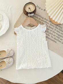 SHEIN Babygirl Cute Casual Versatile Jacquard Knit Ruffle Trim White Blouse - Multicolor - View 4