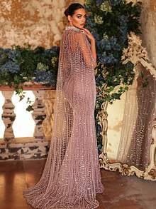 Glamrae Elegant Luxurious Pearl Beaded Design Detachable Jacket Sexy Strapless Mermaid Dress, Suitable For Weddings, Parties, Vacations, Galas, Formal Occasions (Heavily Embellished) - Pink - View 4