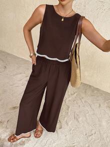 SHEIN Frenchy 女士休闲背心和裤子两件套 - 棕色 - 查看 7