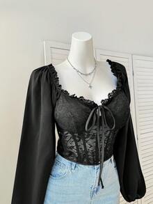 Comfortcana Plus Size Women Lantern Sleeve Lace Patchwork Square Collar Padded Blouse, Romantic For Dates And Parties, Autumn/Winter Black Babydoll Top