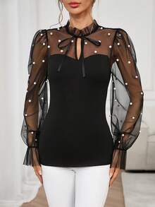 Editum Women's Elegant Romantic Ruffle Trim Collar Splice Sheer Beaded Long Sleeve Black Blouse, Valentine's Daychristmaselegantcasualgraphic - Black - View 4