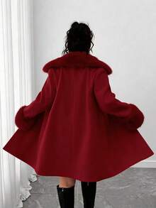 Elenzga Cardigan Panjang Berbulu Modis Ukuran Plus, Musim Gugur/Dingin - Merah - View 2