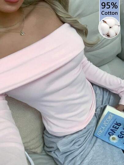 CovetEZ Women's 95% Cotton Pink Knitted Off-Shoulder Fitted T-Shirt - Sexy & Versatile Soft Girl Top For Parties, Clubs, Dates, Clean Girl Style, New Year, Home, Back-To-School, And Fall Wardrobe Spring