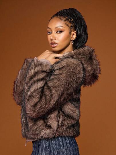 COUREZ Hooded Faux Fur Coat /Y2K Spring Clothes For Women  Summer Streetwear Cool Night Out Everyday Women Outfits Brown Jacket Cozy Festivals Outfit