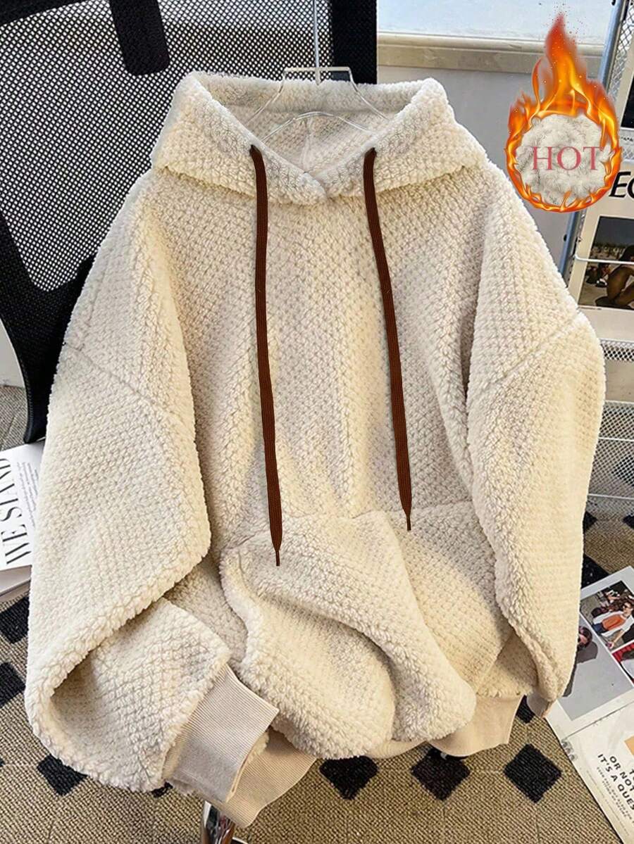 SHEIN CURVE+ Plus Size Thick Adjustable Drawstring Pocket Loose Fleece Long Sleeve Sweatshirt - Apricot - View 1