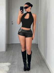 Jeanoix Y2K 时尚休闲铆钉装饰低腰涂层短裤 - 黑色 - 查看 4