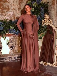 Aureia Elegant And Glamorous, Grey-Brown Stretch Knit With Metallic And Pleated Embellishments, Round Neck, Long Sleeves With Flowing Sequins, A-Line Silhouette, Long Length. Suitable For Parties, Dates, Weddings, Festivals, And Formal Occasions, Bridesmaid Dress.,Wedding Party Dress - Brown - View 6