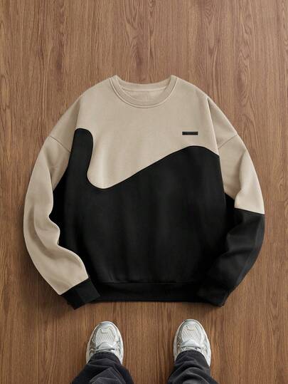 EASEVO Sudadera de cuello redondo casual de talla grande para hombres, unicolor con parches de contraste de color