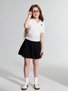 Ontre Tween Girl Ribbed Knit White T-Shirt With Embroidered Pattern And Ruched Collar - White - View 4