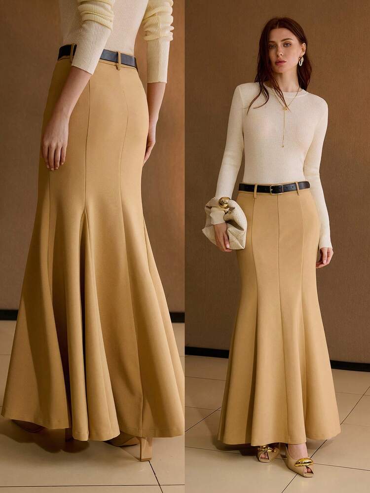 ELEGANT SOLID SEAM DETAIL MERMAID SKIRT WITH BELT