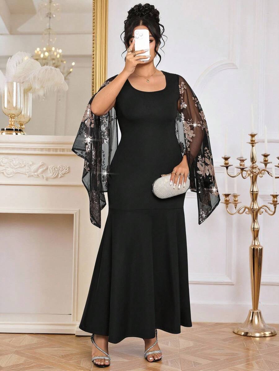 Modelyn 大码优雅派对亮片刺绣网纱拼接鱼尾连衣裙 - 黑色 - 查看 1