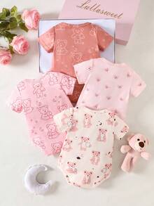 SHEIN Bộ 4 món áo liền thân họa tiết dễ thương cho bé sơ sinh - Nhiều màu - Xem 2