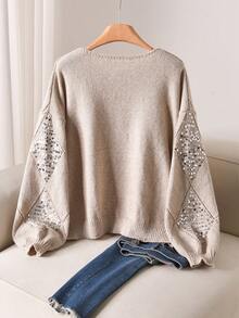 CosyJoli Áo len dệt kim họa tiết hình thoi đính sequin thời trang cỡ lớn, thích hợp mặc mùa thu/đông, áo len lấp lánh cho nữ. - Màu be - Xem 2