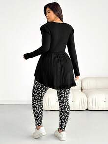 Shapeblank Plus-Size Women's/Fashion Casual Stretchy Comfortable Everyday Slimming Bow-Tie Black Waist-Cinching Long-Sleeved Top And Black And White Floral Print Leggings Two Pieces Set Outfits,Curve Cute Clothes,Pants Set Spring Slim Fit Set For Women - Black - View 2