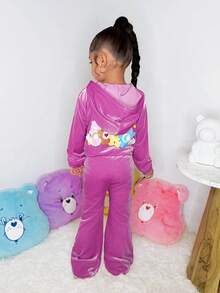 SHEIN X Care Bears Young Girl Cute Pink Heart Embroidered Velvet Hooded Jacket And Flare Pants Set - Pink - View 5