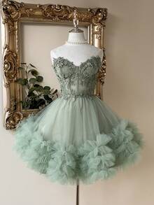 Lovelzi Elegant Luxurious Light Blue Crochet Lace & Satin Patchwork Handmade Embroidered Applique Waist Cutout Fitted Short Dress, Suitable For Dates, Singles Parties, Galas, Balls - Green - View 1