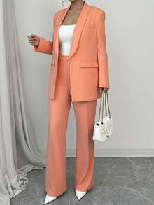 EURMUSE Women's Pink Regular Fit Long Sleeve Collar Elegant Good Quality Suit Set - Pink - View 1