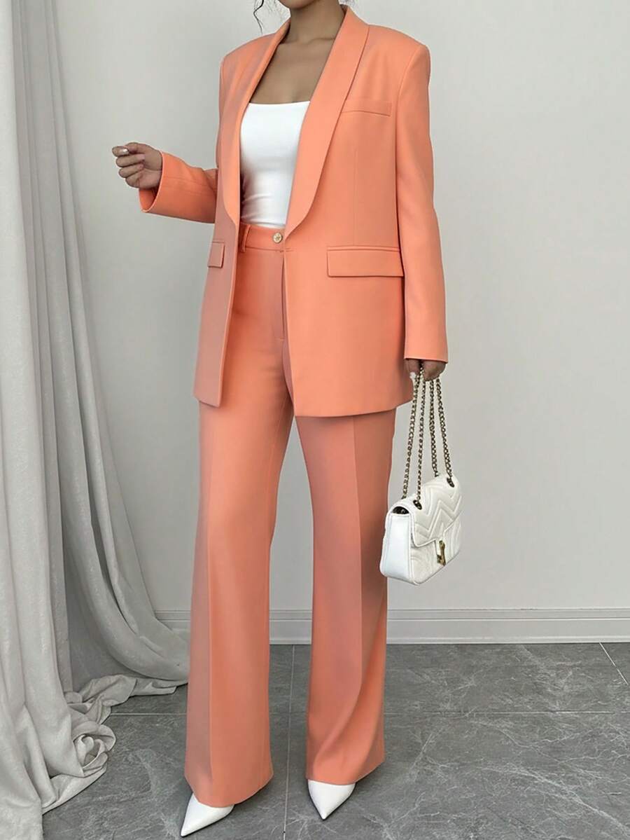 EURMUSE Women's Pink Regular Fit Long Sleeve Collar Elegant Good Quality Suit Set - Pink - View 1