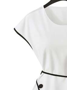 GlowEve 女士优雅衬衫，不对称下摆，撞色圆领 - 黑與白 - 查看 6