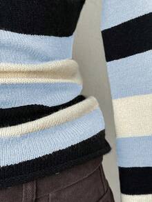 EgrlEra Women's Casual Colorblock Striped Flare Sleeve Sweater, Autumn/Winter - Baby Blue - View 5