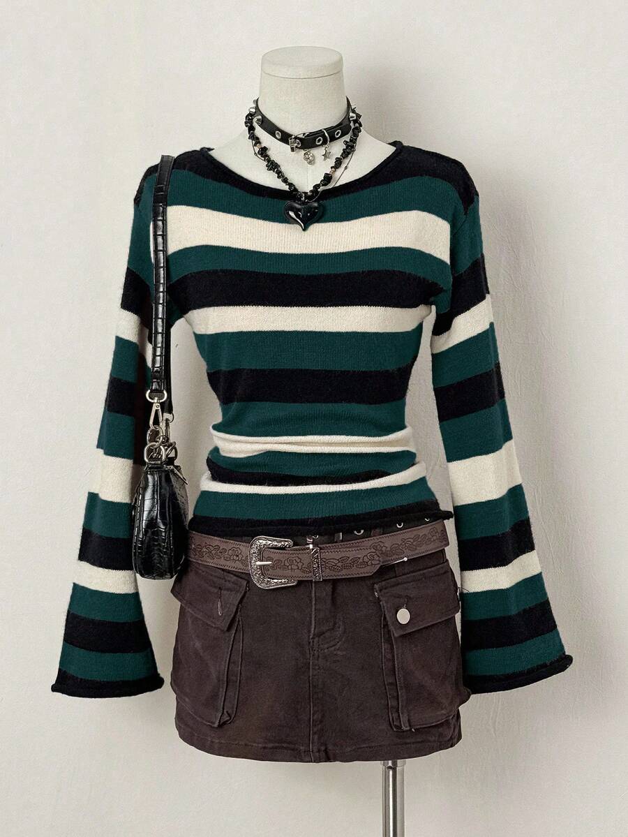 SHEIN Unity 女士休闲撞色条纹喇叭袖毛衣,秋季 - 綠色 - 查看 1